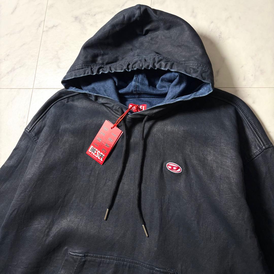 現行 DIESEL Dロゴ刺繍 デニム プルオーバー パーカー M タグ付属