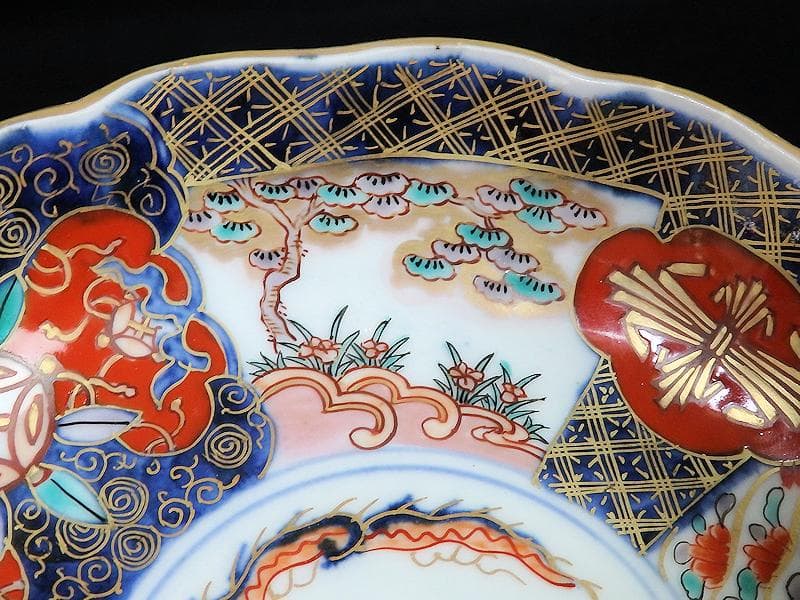 古伊万里　金襴手　宝珠に団龍紋　熨斗に花の図　膾皿　３客　D972AS-CBn