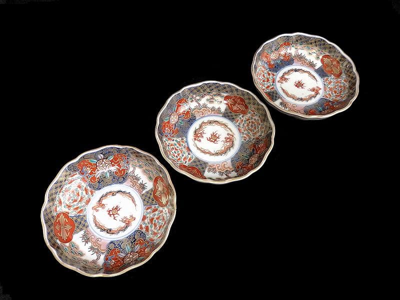 古伊万里　金襴手　宝珠に団龍紋　熨斗に花の図　膾皿　３客　D972AS-CBn