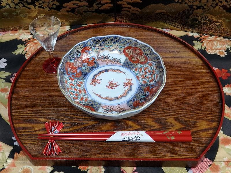 古伊万里　金襴手　宝珠に団龍紋　熨斗に花の図　膾皿　３客　D972AS-CBn