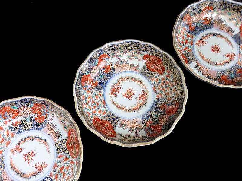 古伊万里　金襴手　宝珠に団龍紋　熨斗に花の図　膾皿　３客　D972AS-CBn