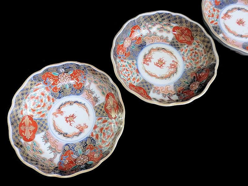 古伊万里　金襴手　宝珠に団龍紋　熨斗に花の図　膾皿　３客　D972AS-CBn