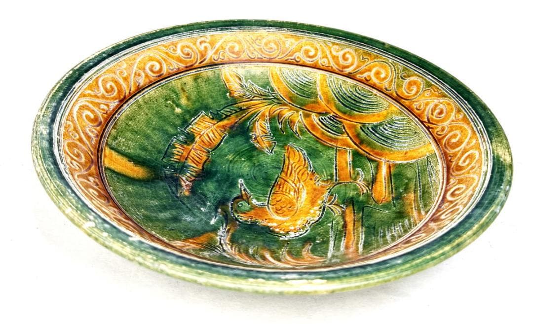 遼時代 遼三彩刻花鳥紋盤 中国古玩 唐物 歴史有る年代物 入手困難WWTT146