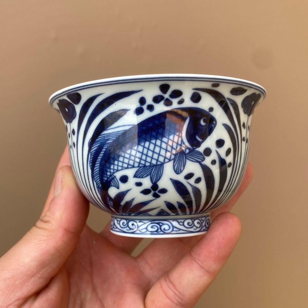 景徳鎮 元青花磁器魚藻紋懸停二才蓋碗 茶碗 煎茶器