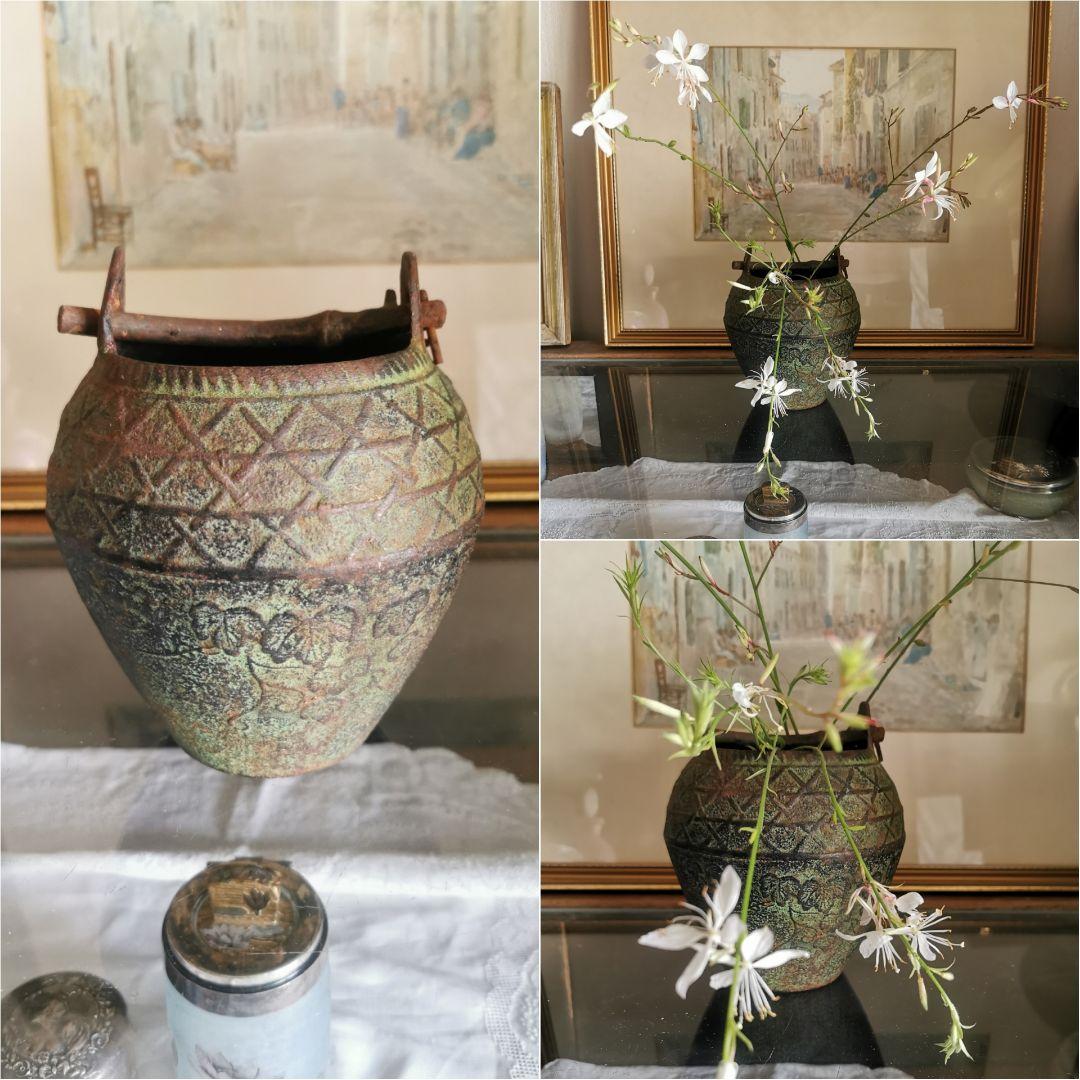 和骨董 青銅花瓶 美しい緑青 朝顔/蔦葉紋 竹象手付き花器 花入れ