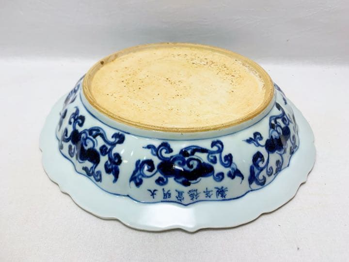 中国古董 北平 故宮保管委員會 重慶金陵 大明宣徳年製 青花染付 蓮文輪花鉢 箱