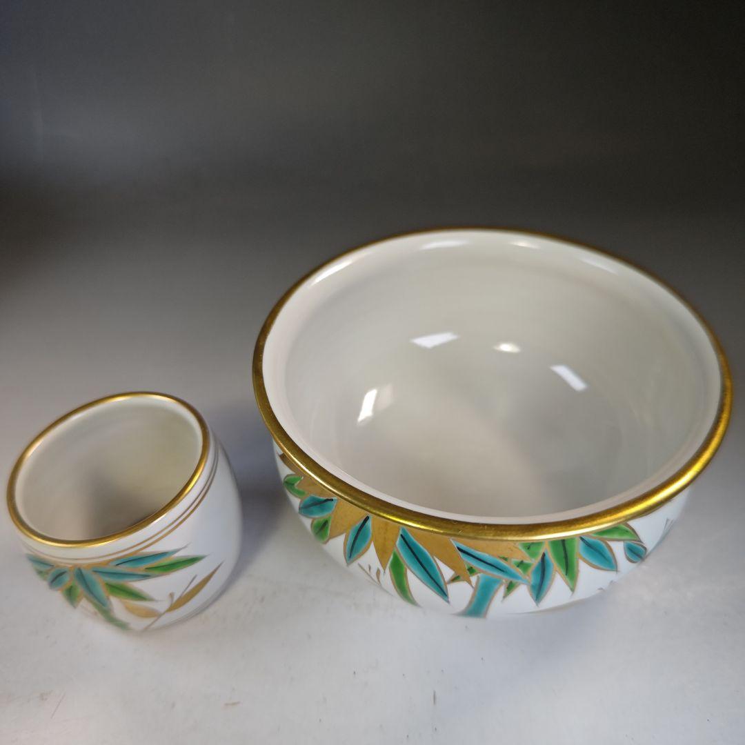 イ847 皆具『平安景雲』『色絵竹文台子皆具共箱』水指健水蓋置杓立