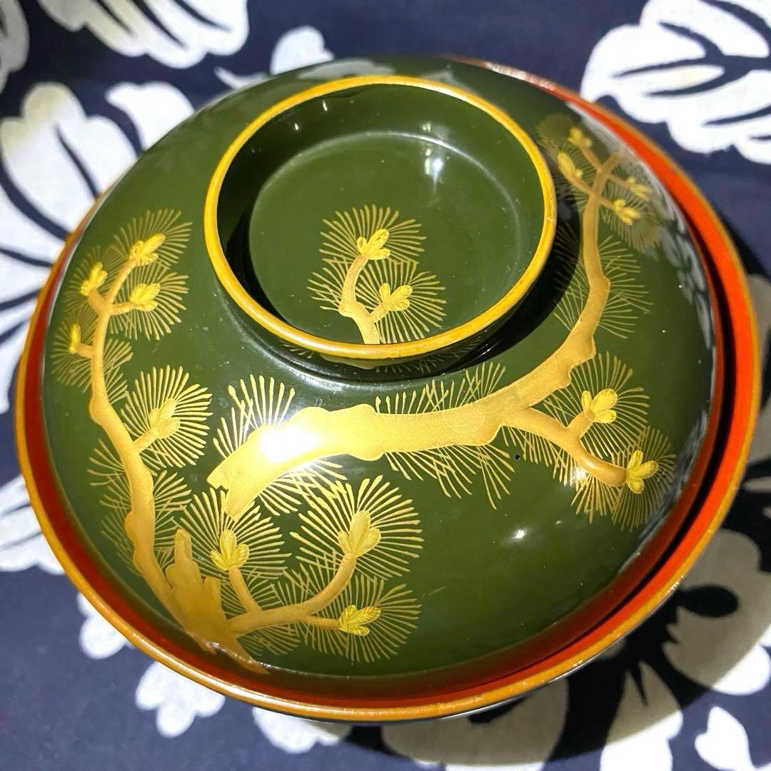 時代物骨董　大正以前　青漆吸物椀　天然木本漆　松柄金蒔絵　緑に内朱　懐石椀　五客