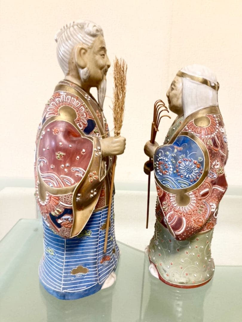 九谷焼 翁と媼置き物 金彩 ファッション 縁起物 夫婦円満 長寿 置物 古