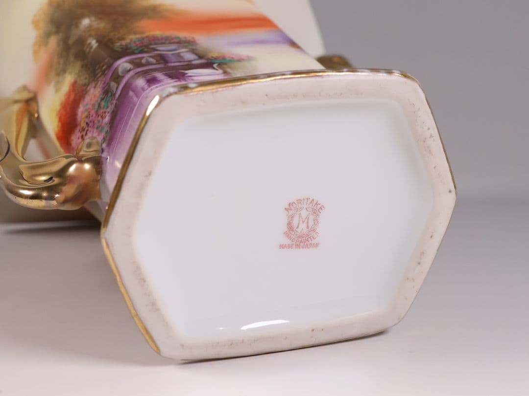 【CM305】オールドノリタケ 湖畔の風景 白鳥 花瓶 15.5cm 耳付 花入