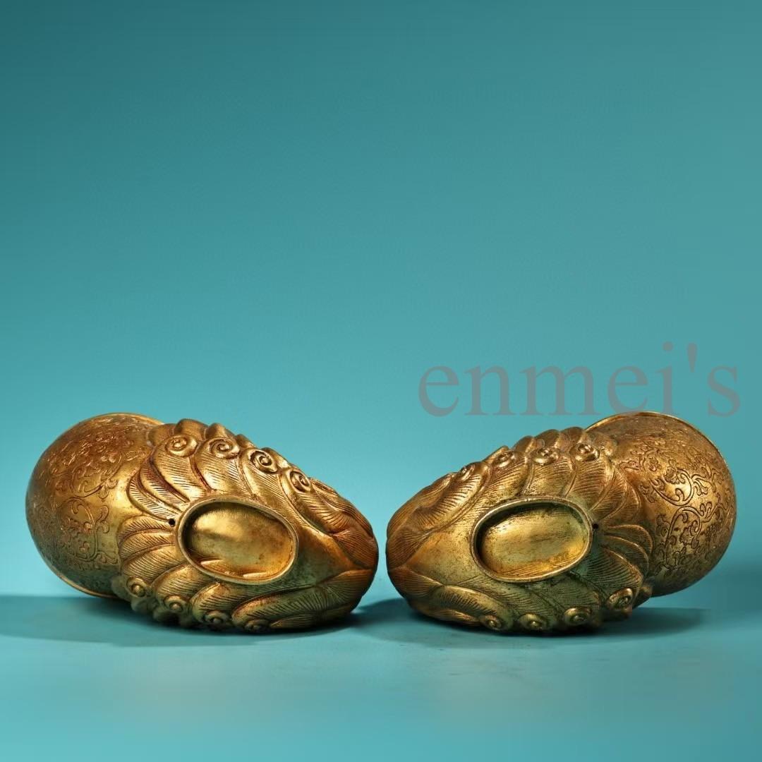 中国古美術・旧蔵純銅製・鎏金鳳凰酒杯一対・ワイングラス・高浮彫・錾