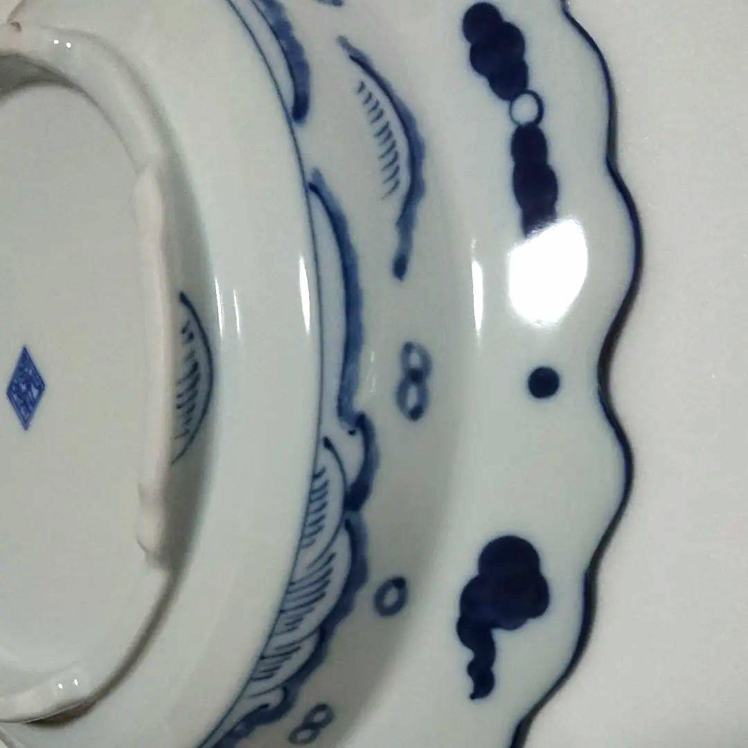 大判皿　龍峰　白×青　新品