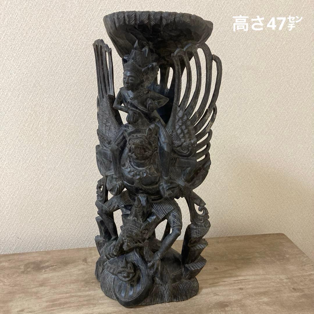 霊鳥ガルーダと維持神ヴィシュヌ ヒンズー教尊像 木彫り置物 縞黒檀