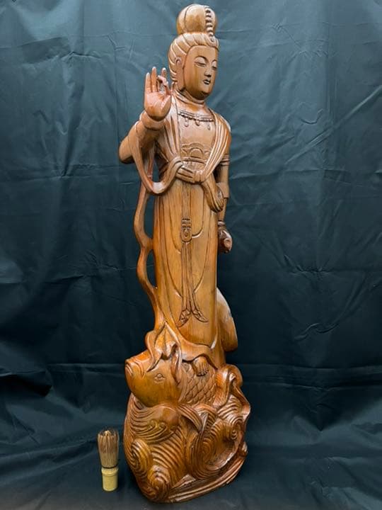 超特大 魚籃観音 菩薩 木彫 置物 仏像 彫刻 開運 骨董 古美術 アンティーク