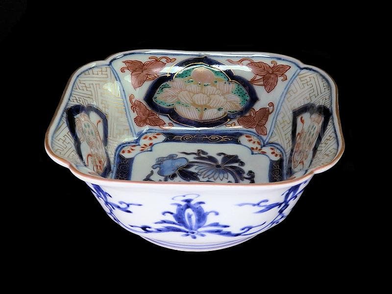 古伊万里 金襴手 獅子に牡丹の図 四方角向付 E990AS-CSb