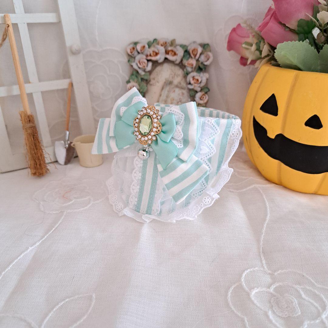 幅広シュシュ(青)つまみ細工付き、わんちゃん猫ちゃん用 短毛シュシュ