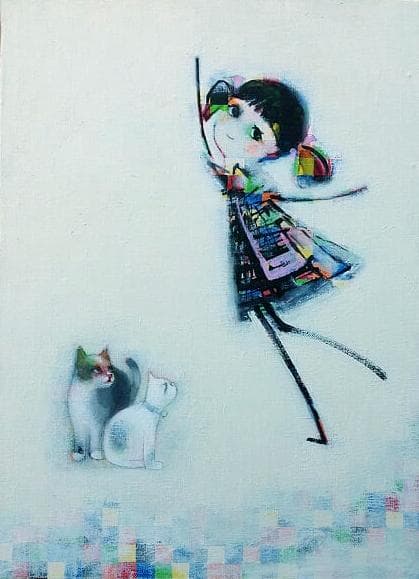 油絵 菅家令子 絵 絵画 インテリア 額付(銀) F4-030419 猫と女の子