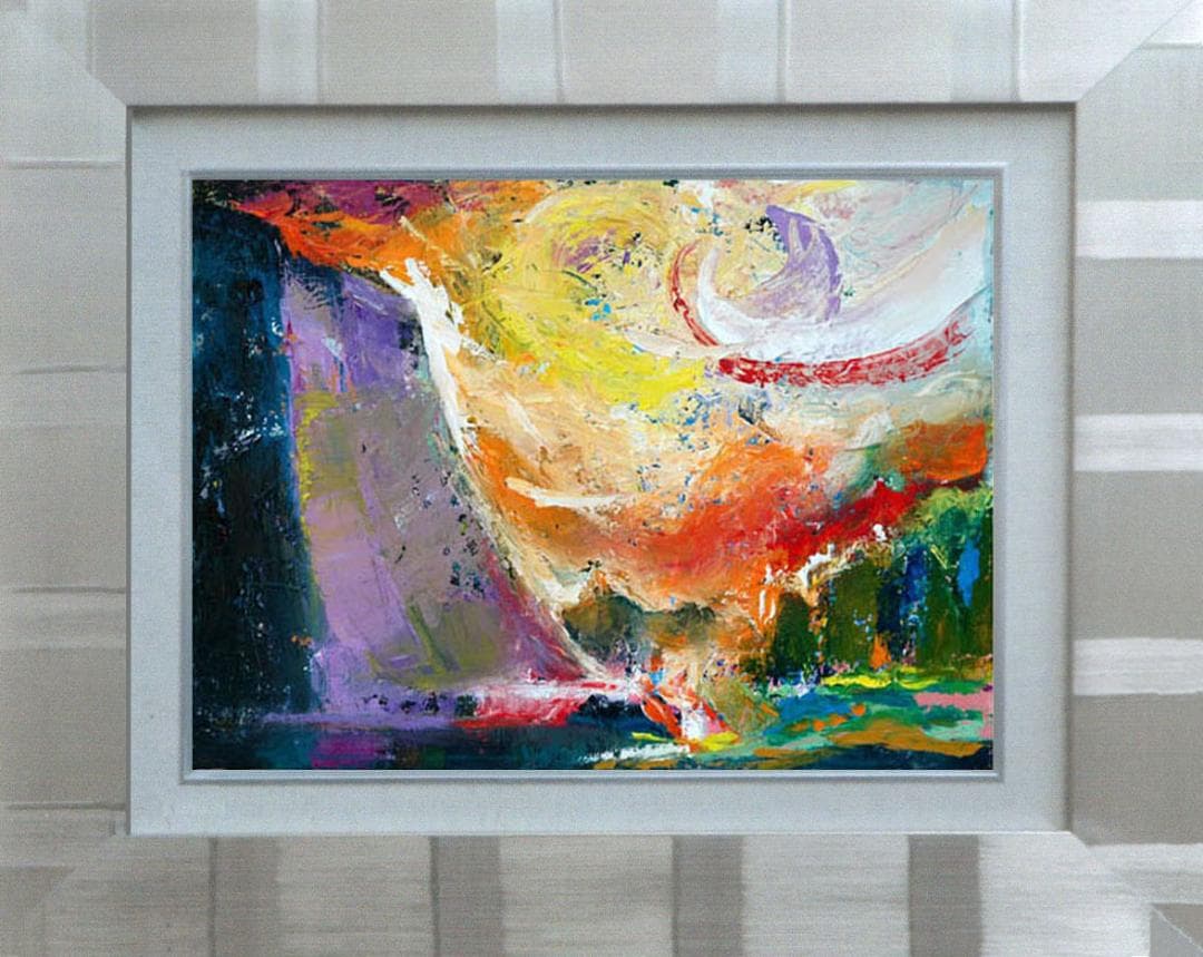 油絵 菅家令子絵画インテリア額付( 青緑＋金色の枠 )uF6-111309風景陽