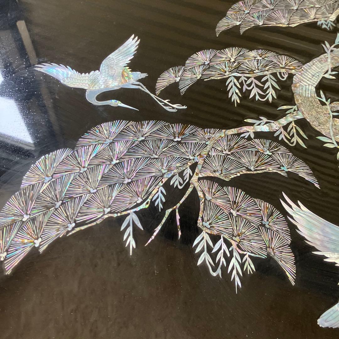 昭和レトロ 螺鈿細工 鶴 松 蝶々 月柄 木製漆塗り 大型座卓 センター