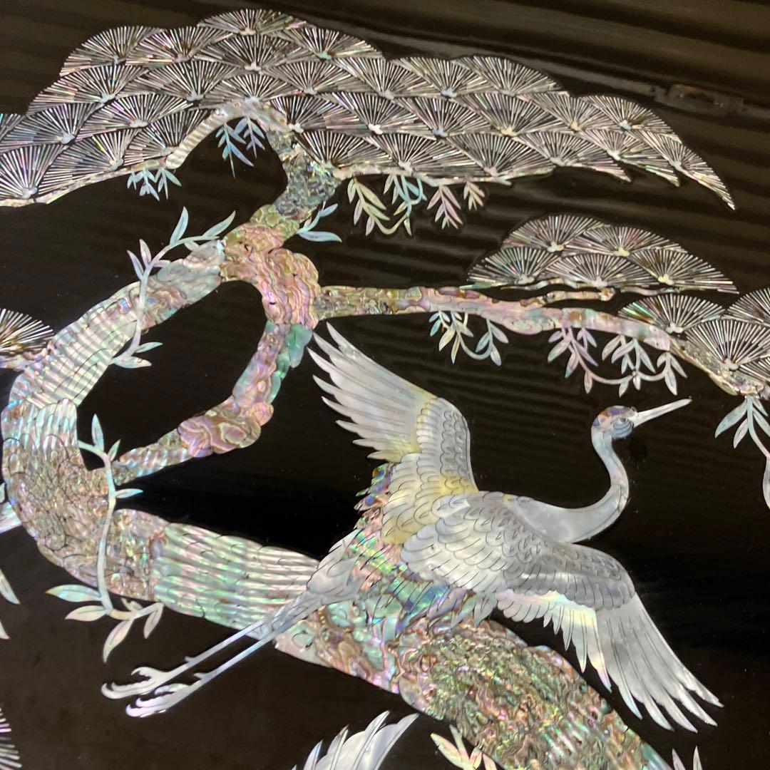 昭和レトロ 螺鈿細工 鶴 松 蝶々 月柄 木製漆塗り 大型座卓 センター