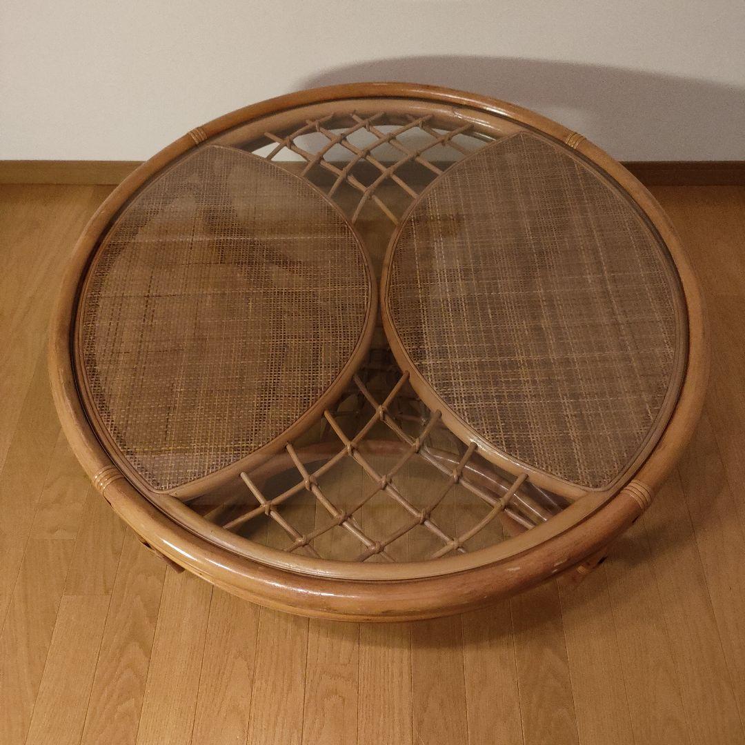 ラタン 藤 ガラス天板 丸テーブル 座卓 レトロ モダン 直径約90cmの