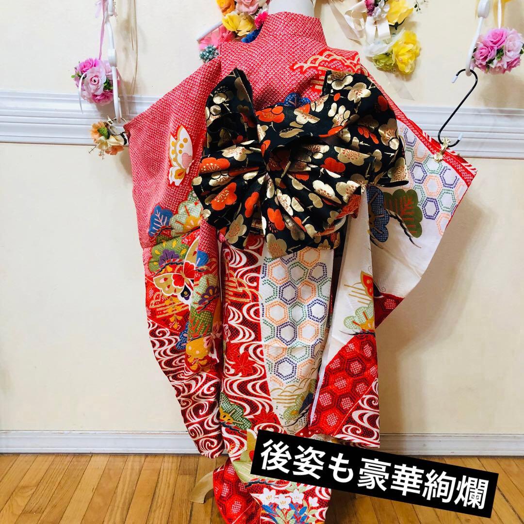 七五三七歳❣️豪華絞り柄アシメトリ花金彩⭐︎正絹全通袋帯刺繍煌びやか⭐︎完全フルセット