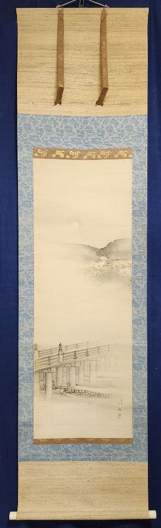 【五条大橋から春景清水寺図】長谷川玉峰 999 京都鴨川 桜 掛け軸 肉筆