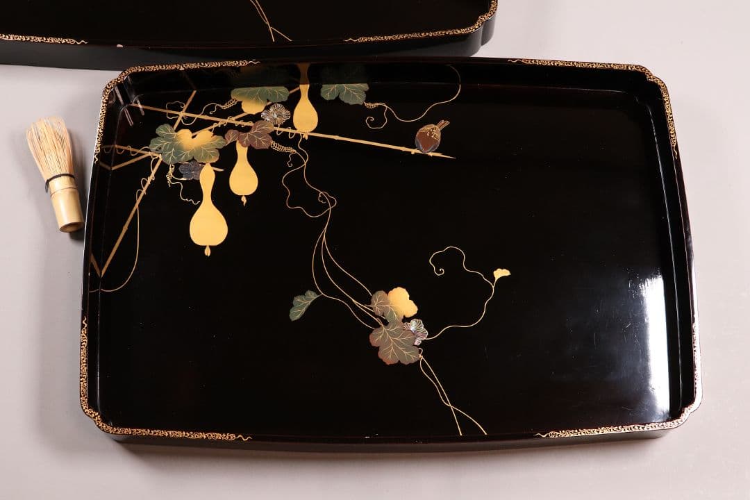 瓢箪雀蒔絵 広盆 大小一組 黒塗 金銀 螺鈿 木製漆器 広蓋 長方盆 花鳥MA9