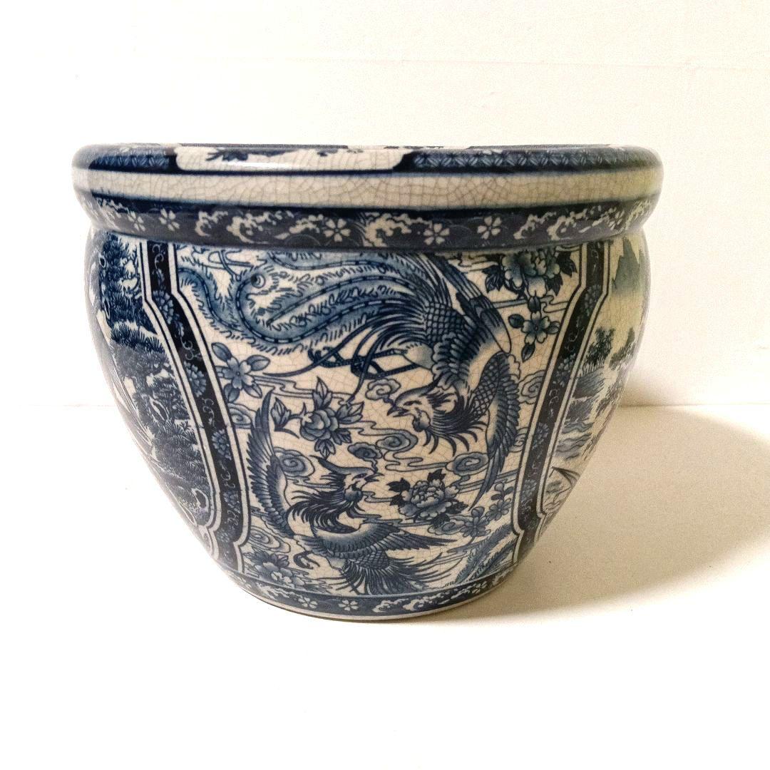 山水楼閣 鷹金魚図 火鉢 睡蓮鉢 金魚鉢 メダカ鉢