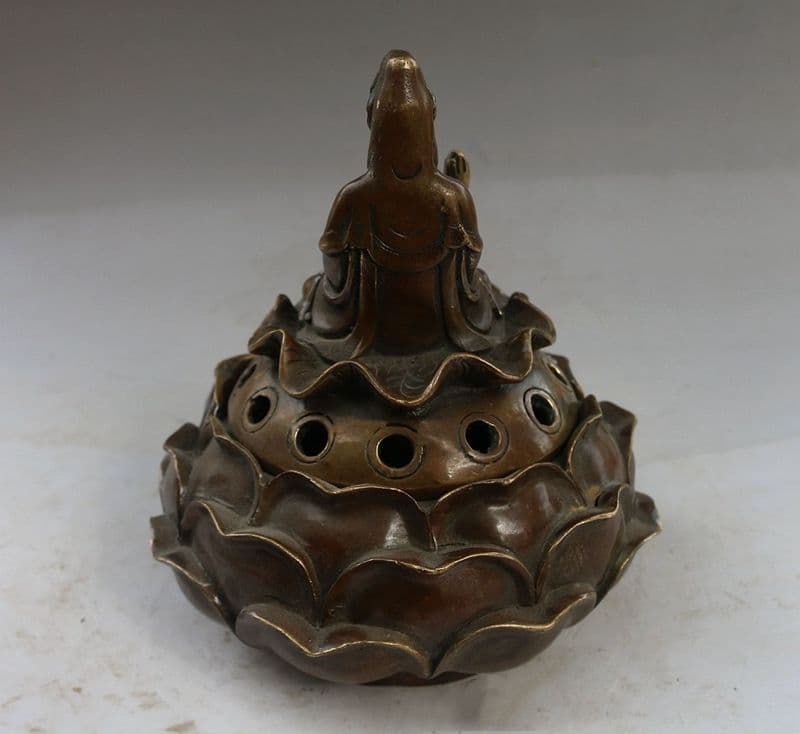 観音坐蓮香炉 銅製品 鎮宅 辟邪 開運 風水 香道具 工芸品 美術品 置物