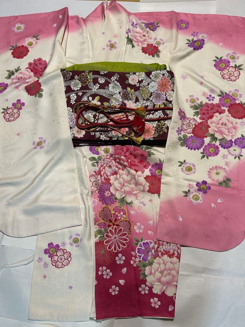 振袖セット　着物友禅振袖 西陣織帯 正絹帯揚げ　帯締め　重襟 のセット 成人式 振袖 帯締め 半襟 セット 成人式 販売 日本製 7点セット 絵羽柄 橙色