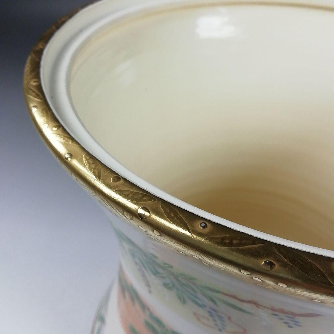 W34 水指 『鼓形』『地紙四季草花』『山岡善昇 造』 共箱 茶道具