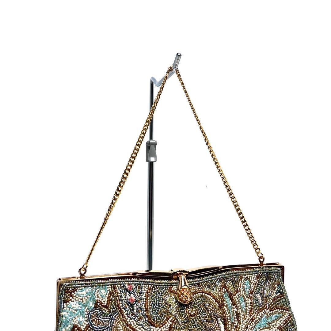 【美品】KUJAKUDO/ビーズ刺繍/総柄/グリーン系色/チェーンハンドバッグ