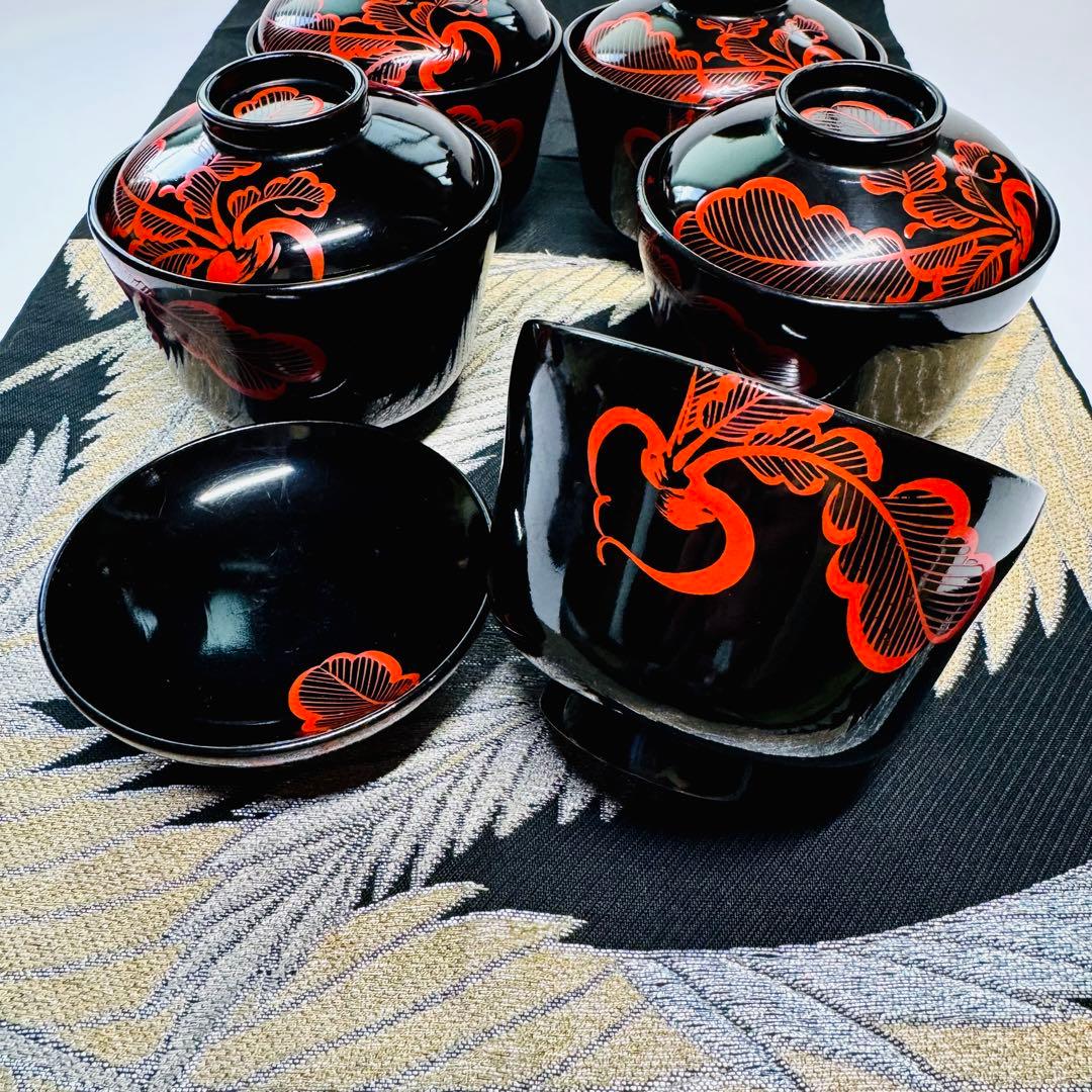 漆器 輪島塗 大根彫 細工 木製 蓋付椀 茶碗 吸物椀 5客
