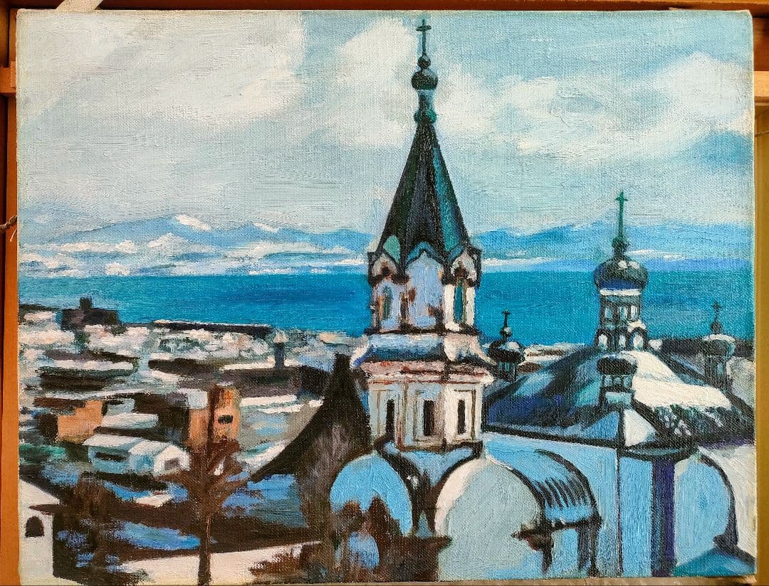 教会のある風景 油彩 F8 額装