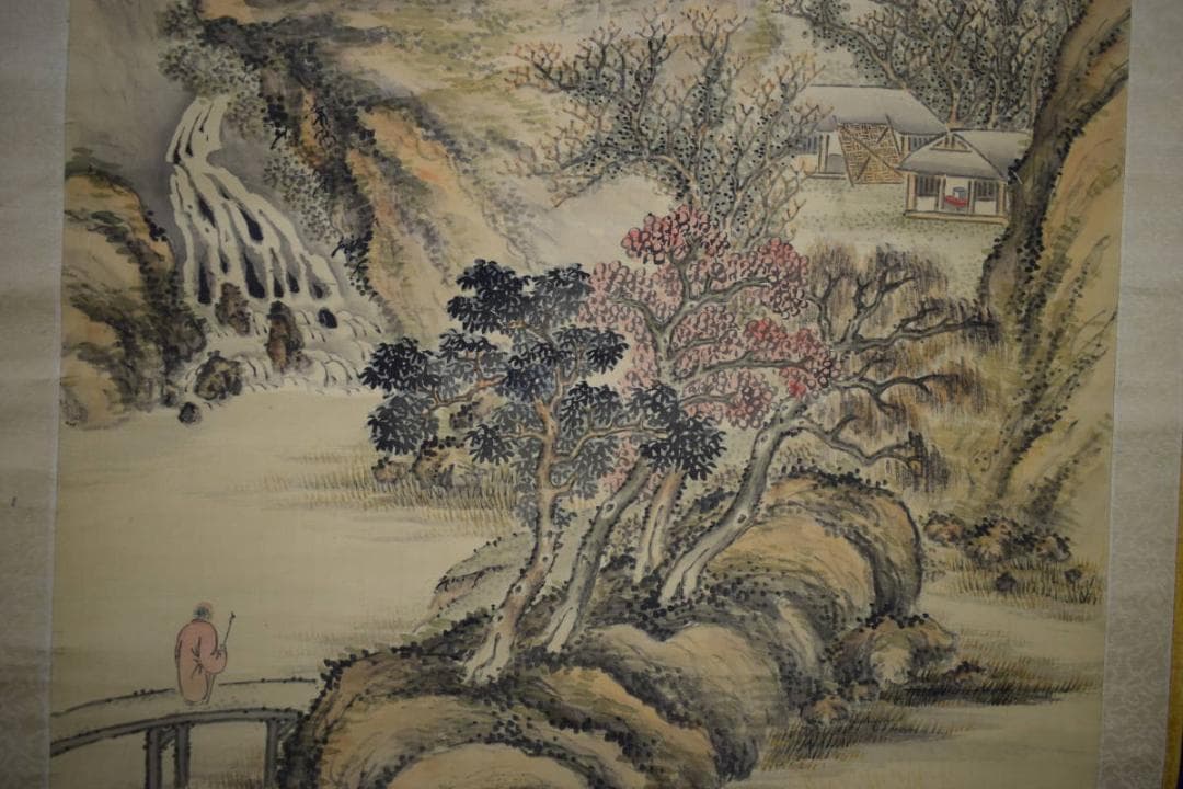 真作/帆足杏雨/秋景山水人物画賛/軸先紫檀/布袋屋掛軸HF-346