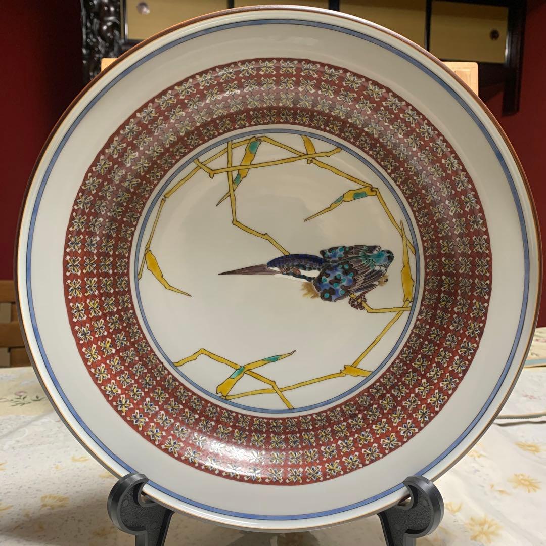 九谷焼 泰山窯 4代目 武腰潤 色絵 翡翠文 飾皿川蝉 径30.5