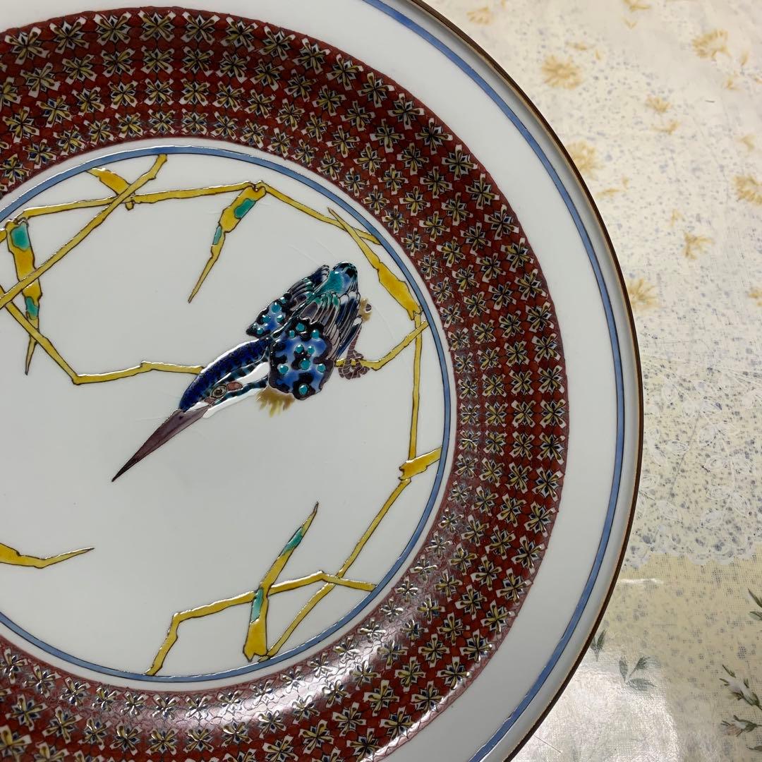 九谷焼 泰山窯 4代目 武腰潤 色絵 翡翠文 飾皿川蝉 径30.5