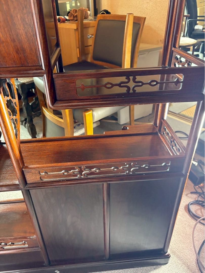 最高級 和家具 茶箪笥 飾り棚 彫刻入り 紫檀調 W90×H105cm