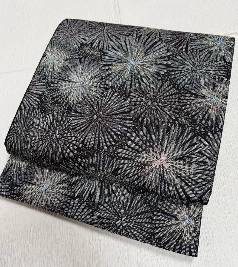 袋帯　黒地　正絹 正絹 洒落袋帯 西陣織【焼箔紬/黒地に狩猟文 14224】六通柄 お仕立て代