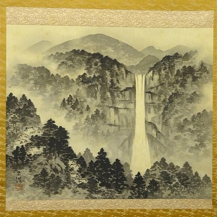 掛軸 生駒石渓『那智山 山水 瀑布』絹本 共箱 二重箱付 掛け軸 a073118