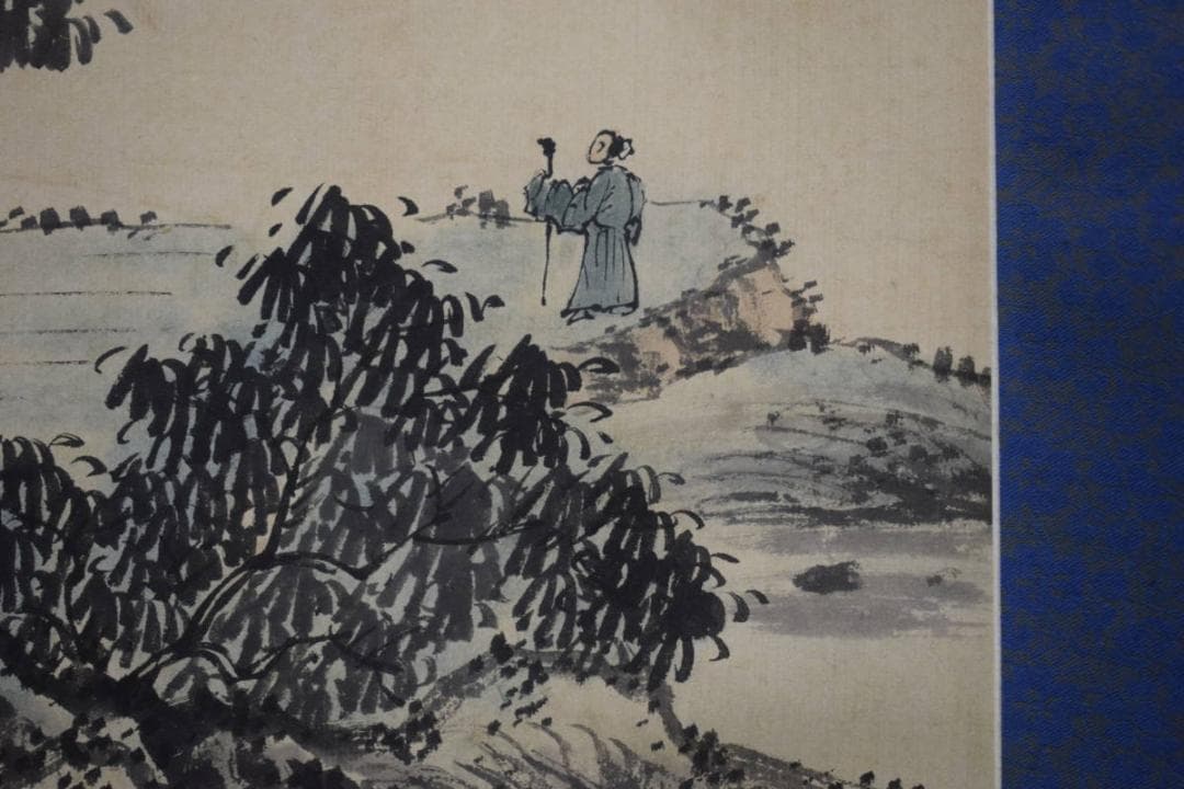 真作/墨林/春景山水人物図/布袋屋掛軸HI-84