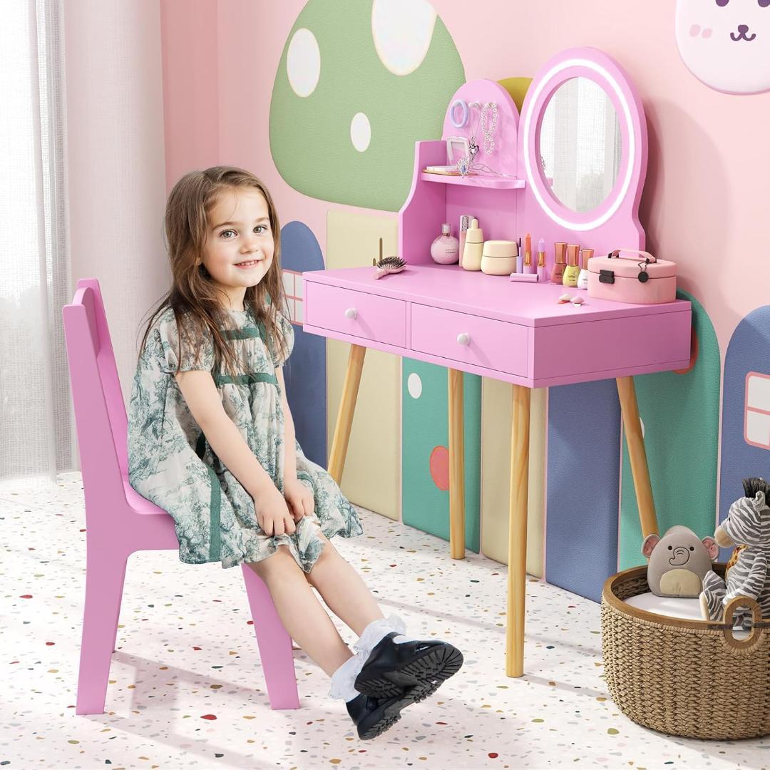 新品】Giantex 子供ドレッサー 木製 椅子付き LEDライト付きミラー お