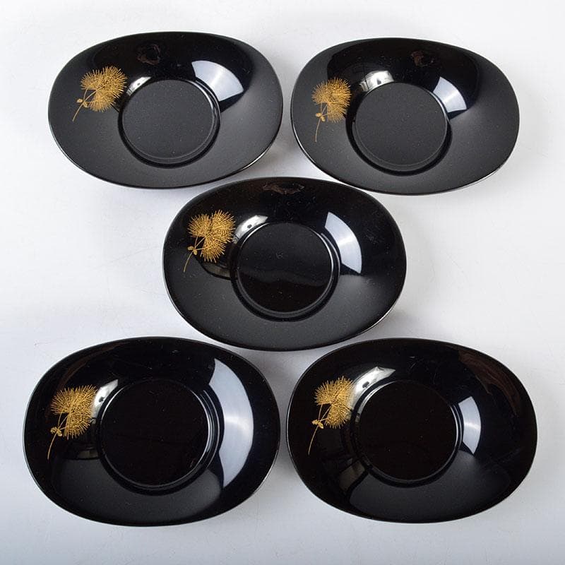 輪島塗　角野岩次　飛花沈金　小判形　茶托　おしぼり置き　2点　D　R4525