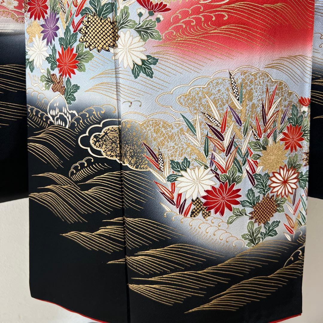 367 振袖フルセット 正絹 赤 レッド 黒 金彩 暈し染め 古典 風景 正統