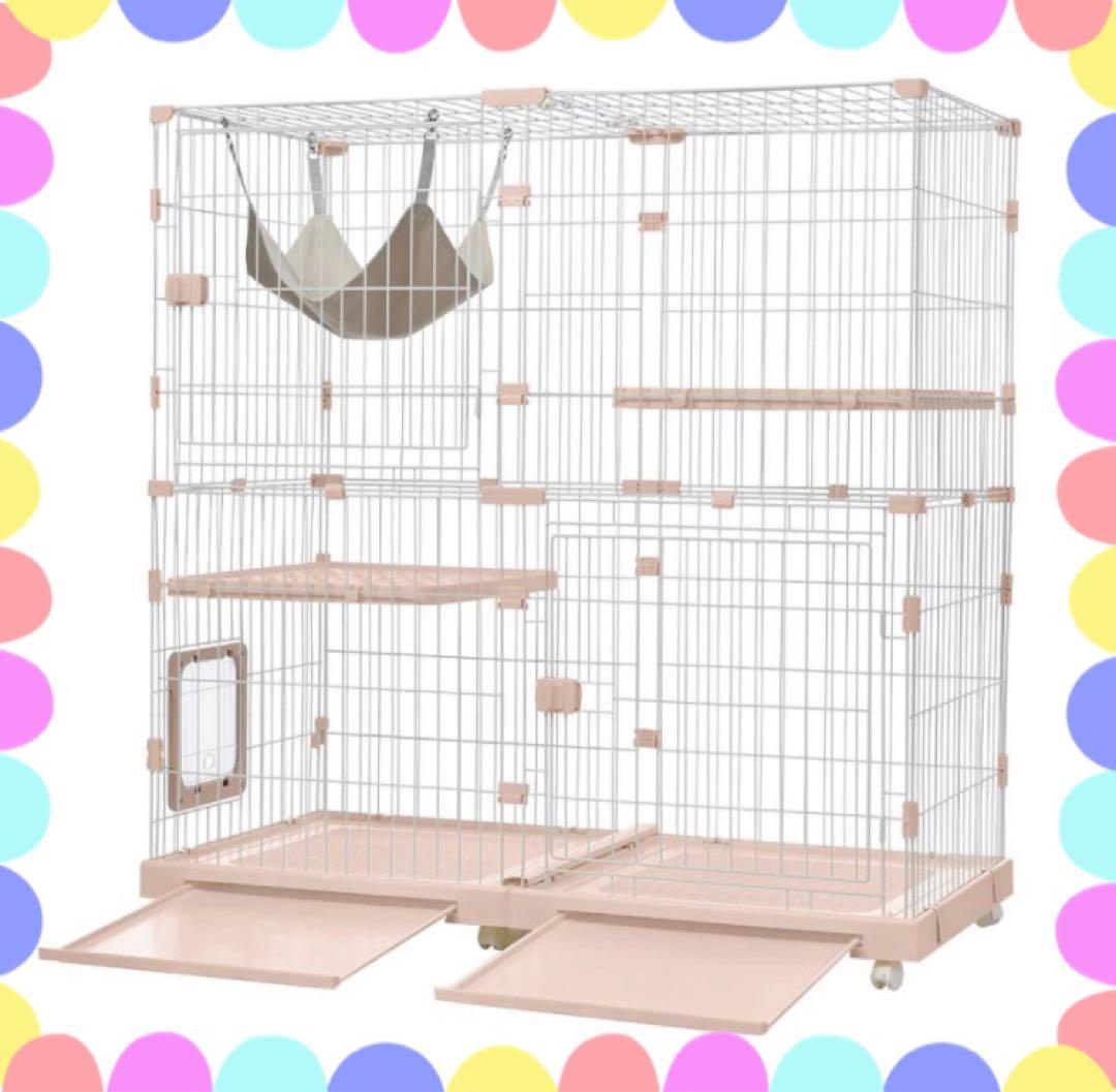 キャットケージ キャットゲージ 猫用品 ピンク 2段 ハンモック付き