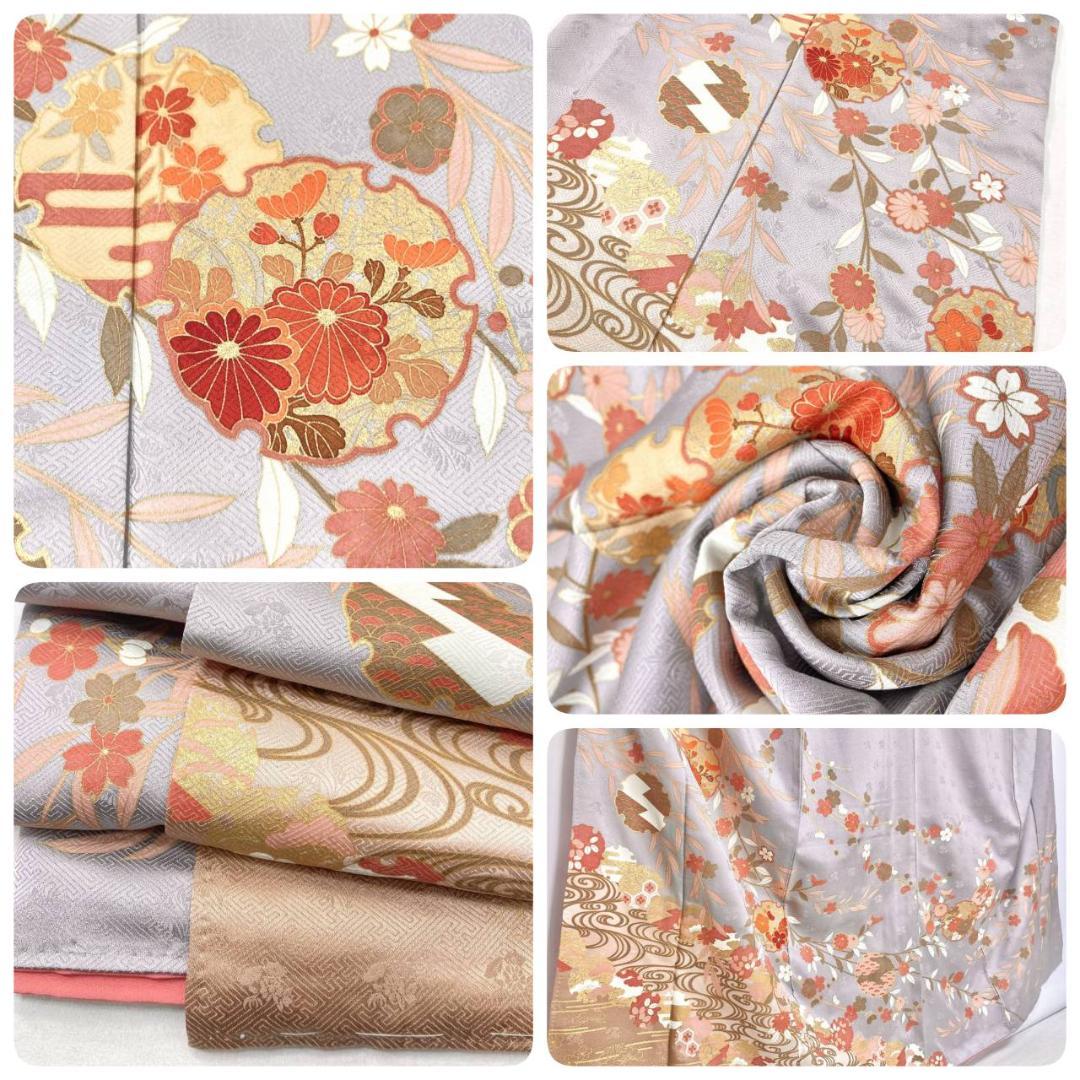 未使用 京友禅 雪輪 花柄 訪問着 袷 金彩 紫 オレンジ ベージュ 1391