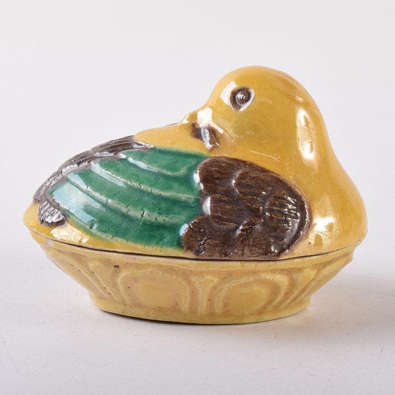 茶道具　平安竹泉造　黄交趾鳥　香合　共布共箱　V　R8622