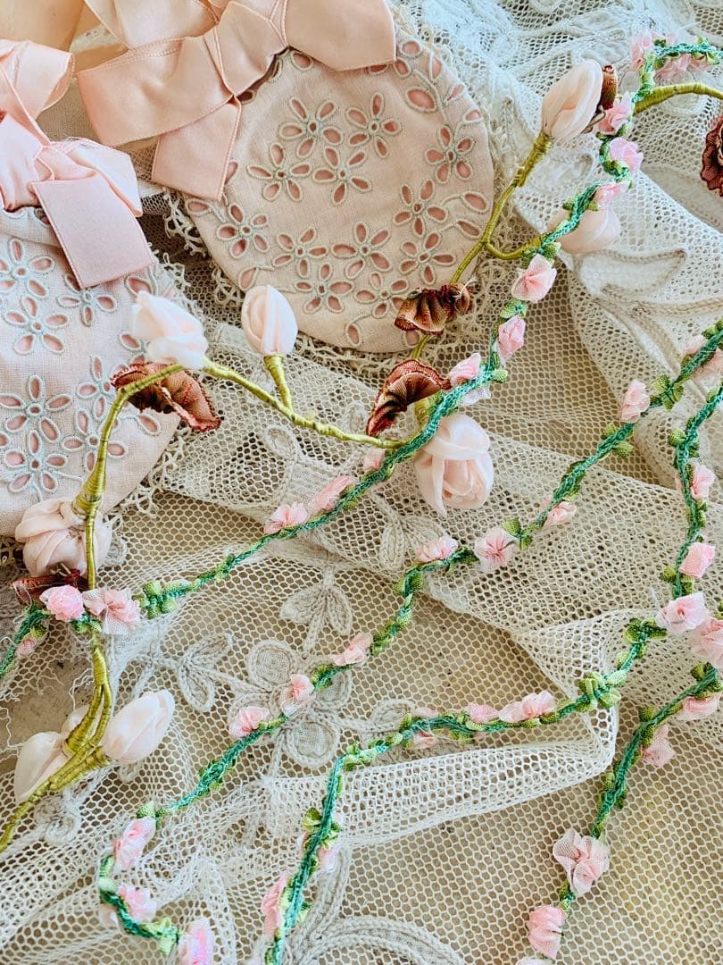 フランスビンテージ／アンティーク ピンクフラワーロココリボン ※20cm