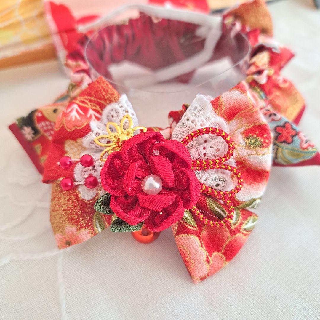 短毛シュシュ(赤②)つまみ細工付き、わんちゃん猫ちゃん用 猫首輪 シュシュ